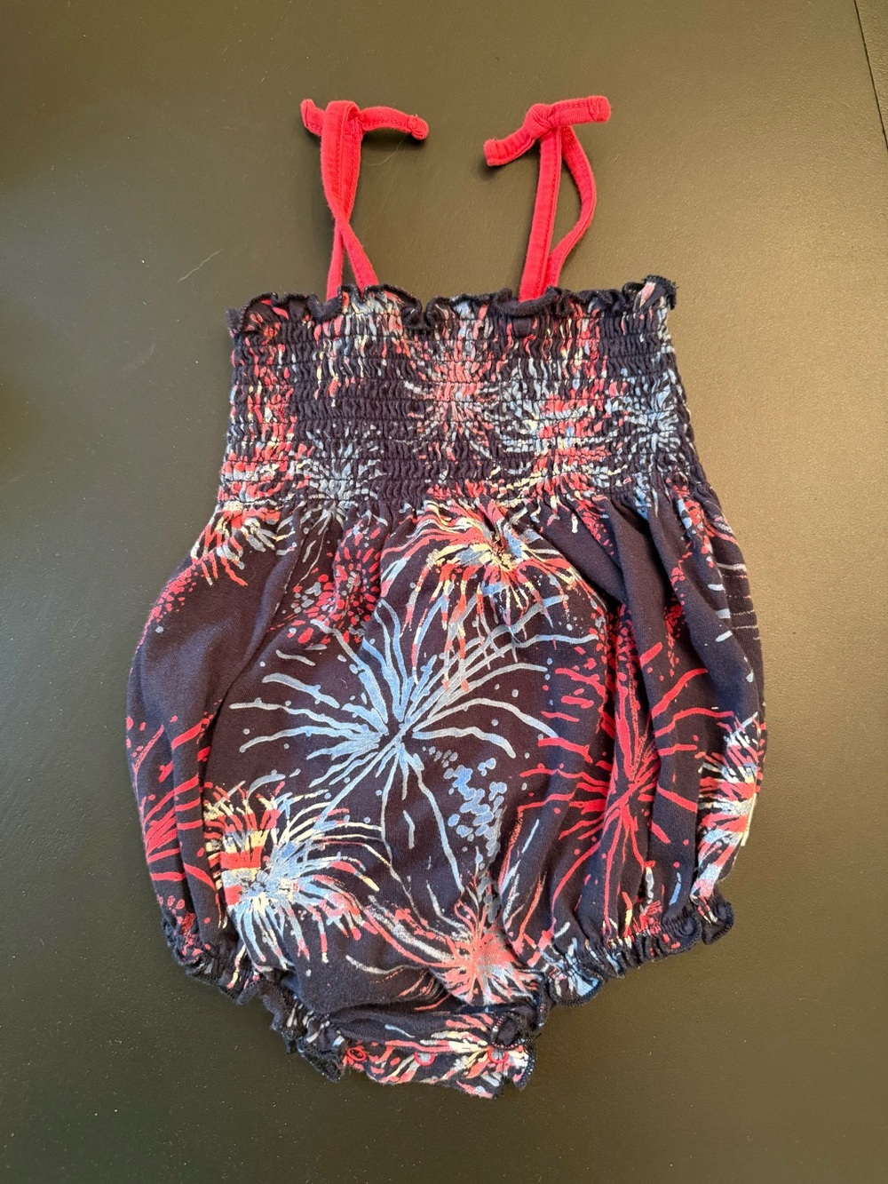 Burt’s Bees Navy Fireworks Print Romper with Red Straps